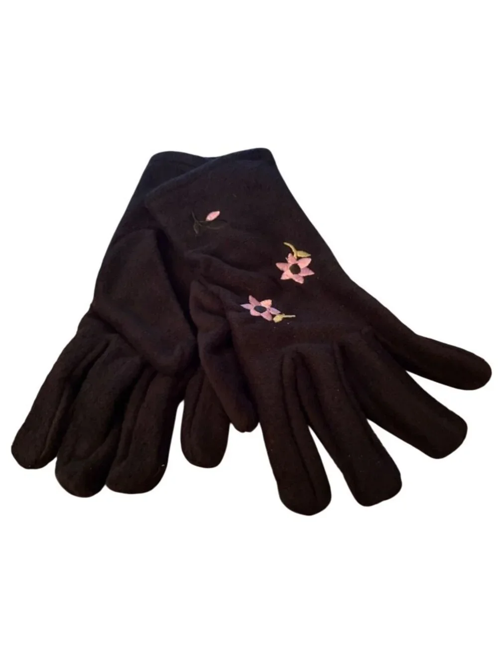 Womens Warm-Up Embroidered Fleece Gloves Black 1 Size Fits All Floral Design NWT